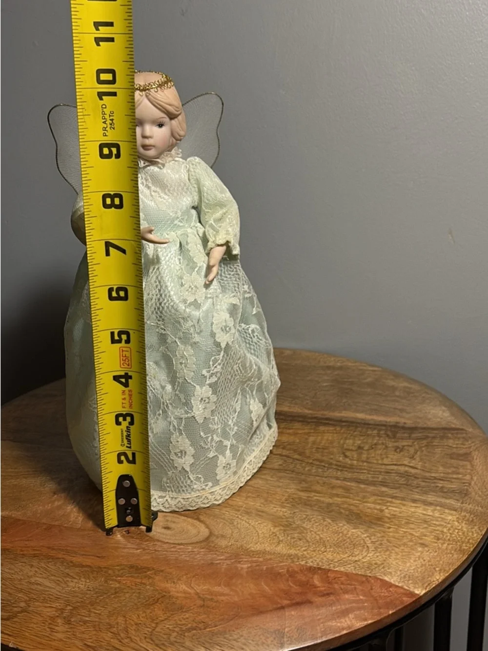Vintage Porcelain Angel Christmas Tree Topper in Pale Green Lace Dress